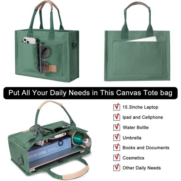 Women's Dark Green Canvas Tote Pockets Handle Crossbody Shoulder Satchel Bag - Picture 5 of 7